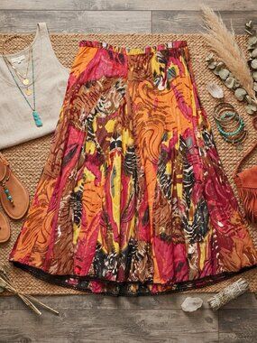 Soft Surroundings Skirt PXL Petite Boho Patchwork Festival Gypsy Metallic Pleat